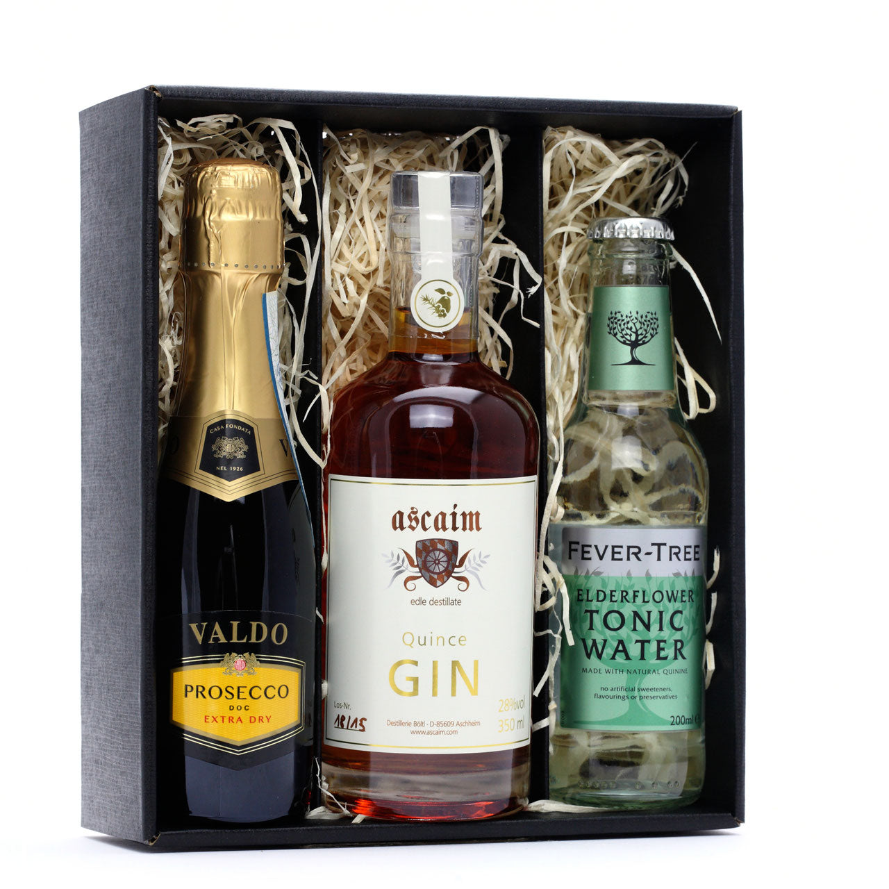 Geschenkset Quince GIN 0,35l + Elderflower 0,2l + Valdo Dry Prosecco 0,2l